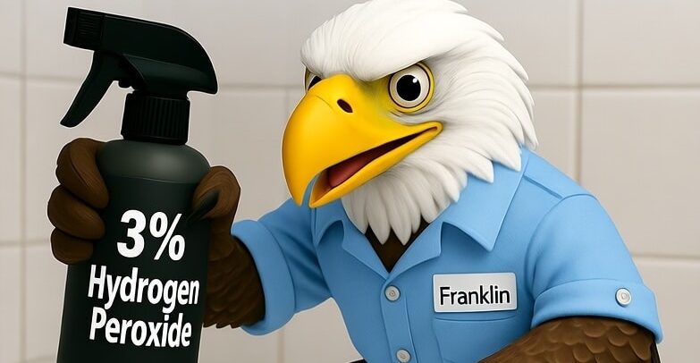 Eagle mascot holding a hydrogen peroxide spray bottle for cleaning.