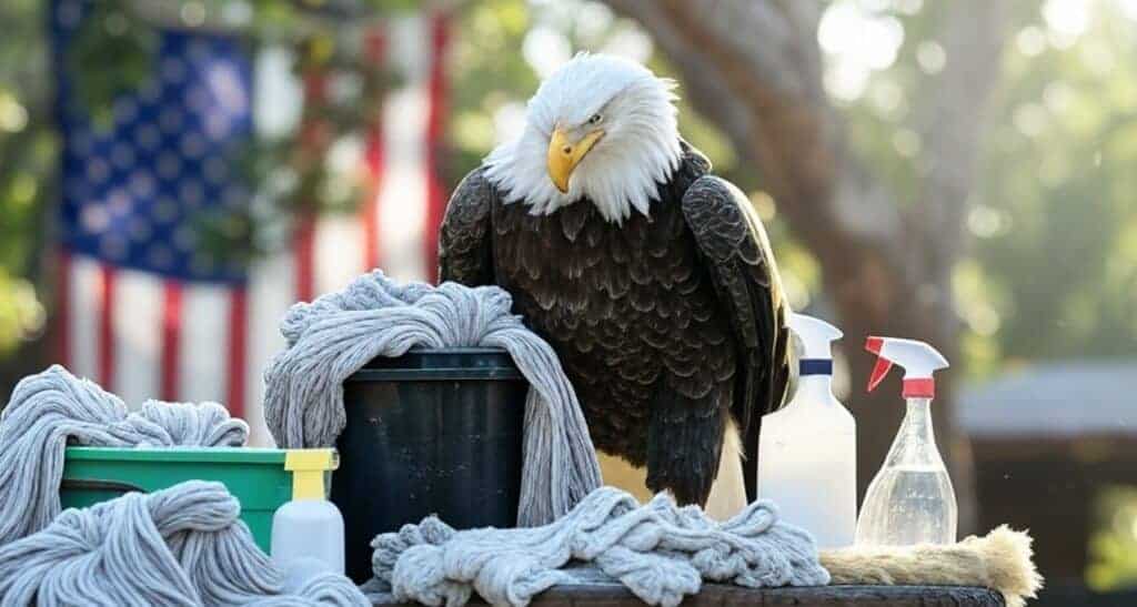 Bald eagle surrounded by cleaning supplies and rags outdoors.