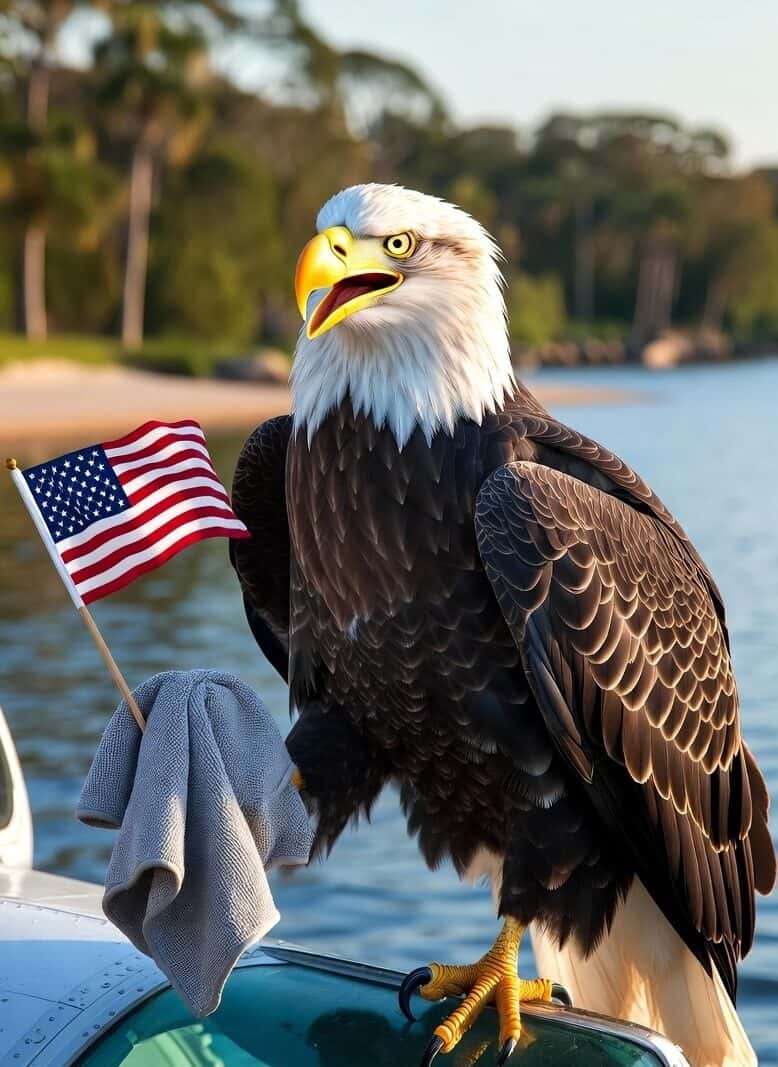 Bald eagle holding American flag on boat with water and trees background.