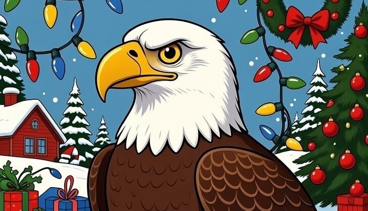 Eagle with a Christmas background, holiday lights, and decorated trees.
