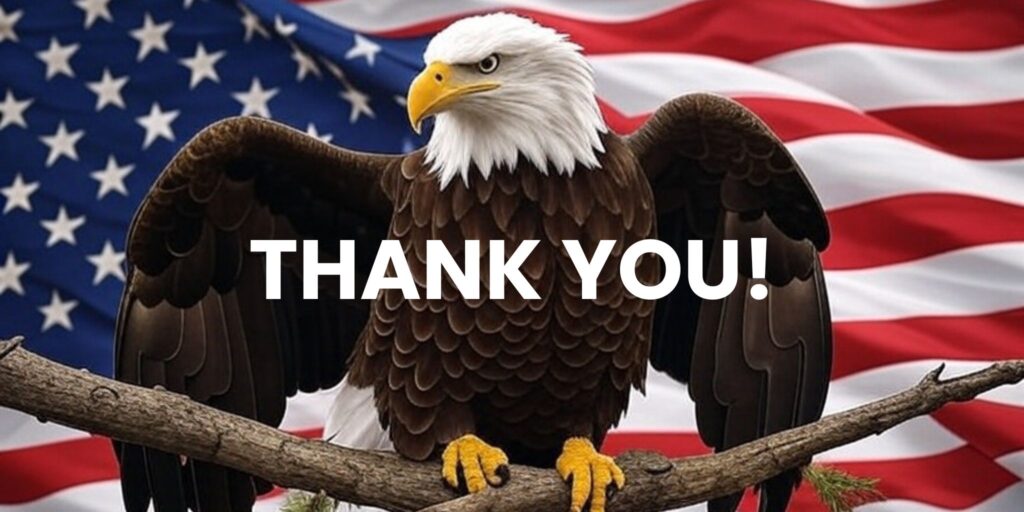Eagle with American flag in background, symbol of freedom and strength.