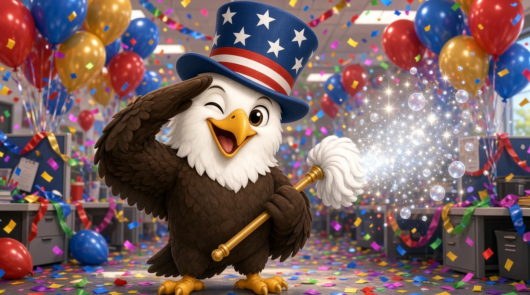 Franklin the bald eagle arrives for a balloon-invasion office cleaning job