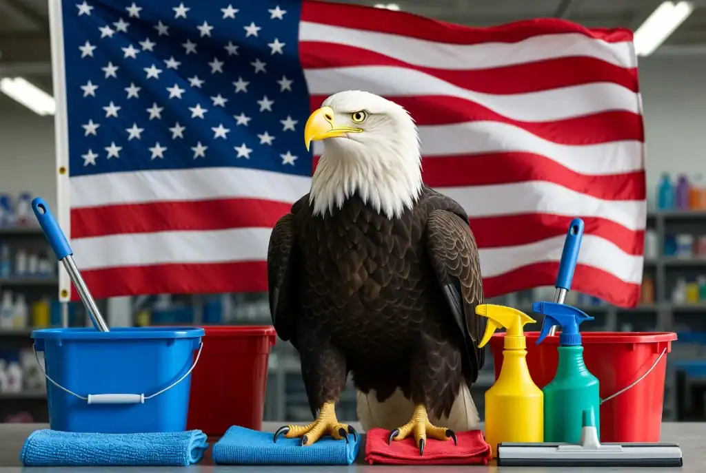 Majestic eagle standing in front of American flag with cleaning supplies.