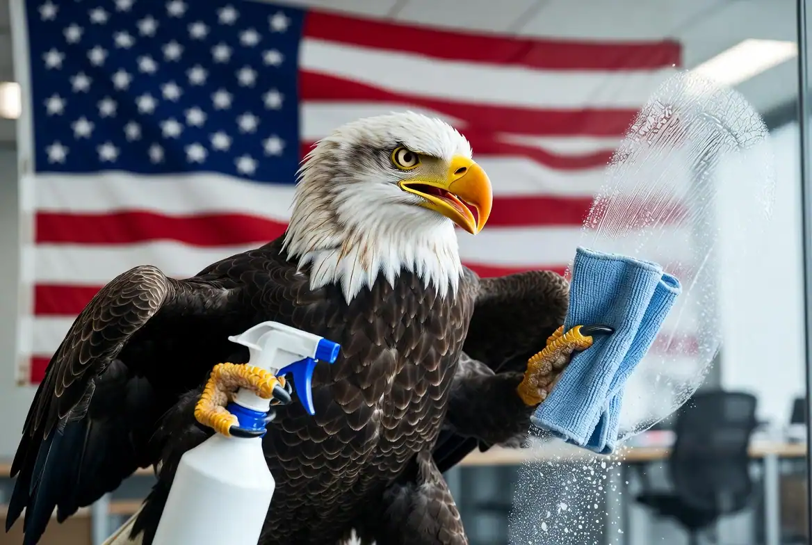 Eagle holding cleaning spray and cloth in front of American flag.