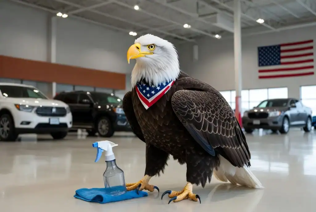 Eagle mascot with cleaning supplies at car dealership in Central Florida.