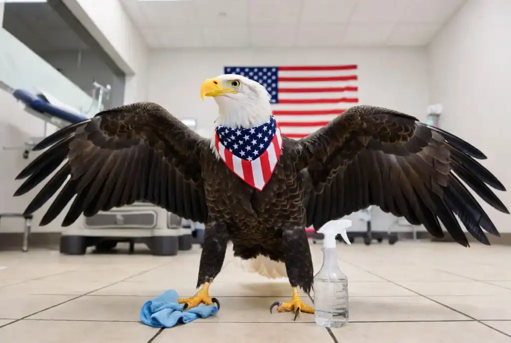 Bald eagle wearing a patriotic bandana in a clean office setting.