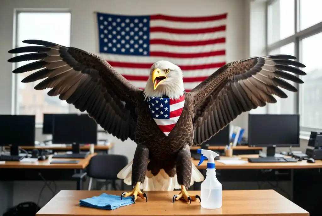 Eagle with American flag in office setting for patriotic theme.