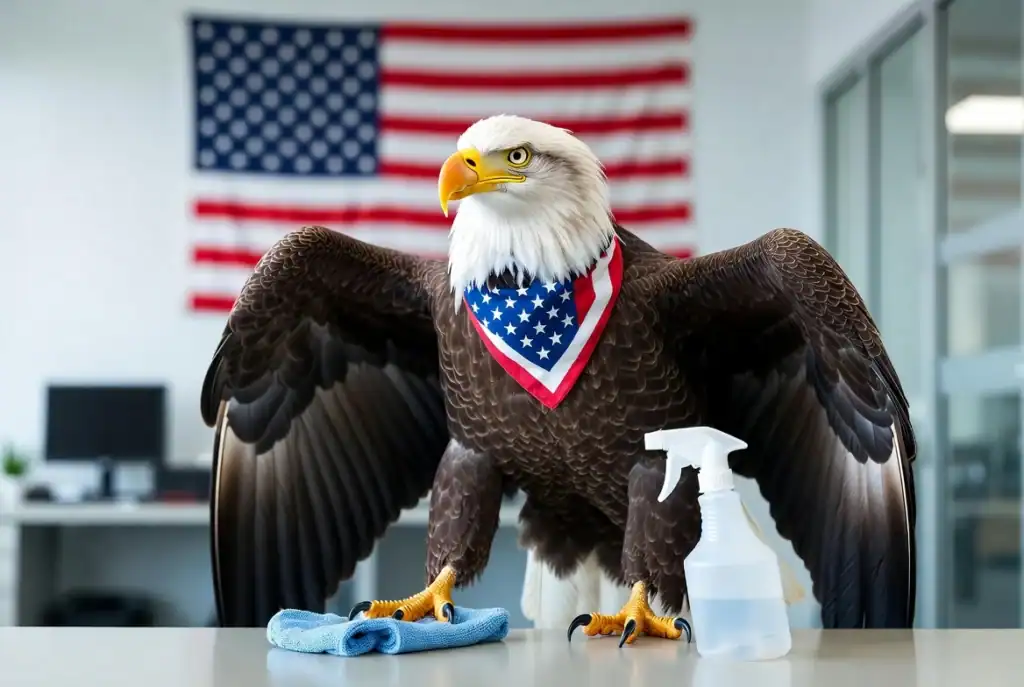 Eagle wearing a bandana with American flag and cleaning spray in office setting.