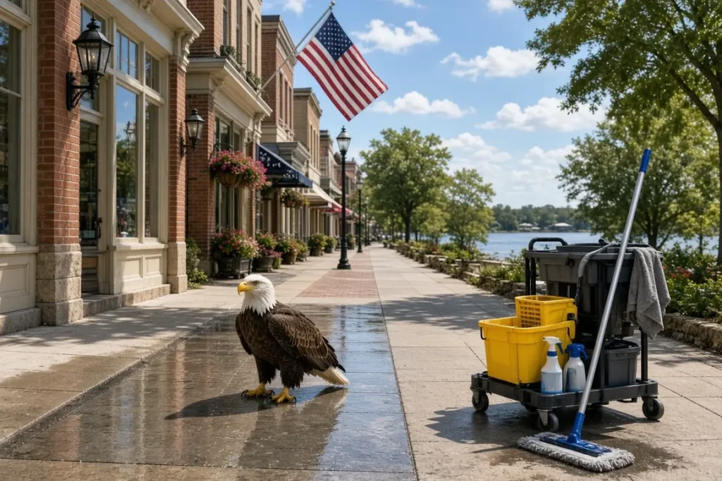 Commercial cleaning in downtown Mount Dora, Florida by the lake