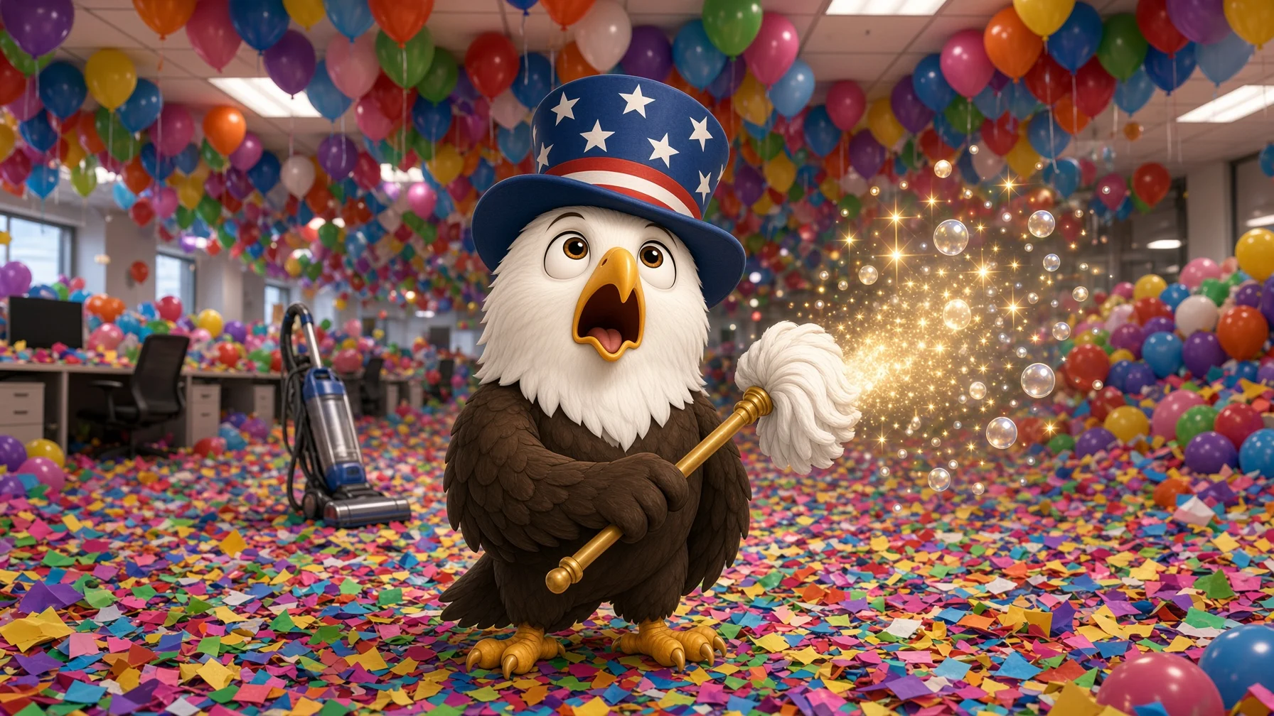 Franklin faces a balloon-and-confetti office mess
