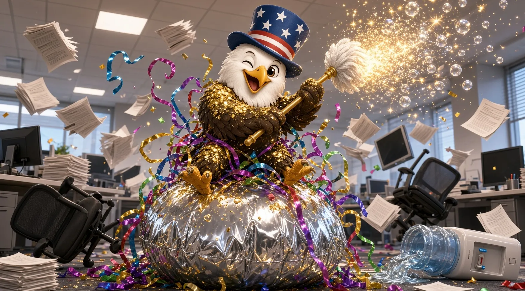 Franklin launched by a mylar balloon during office cleaning
